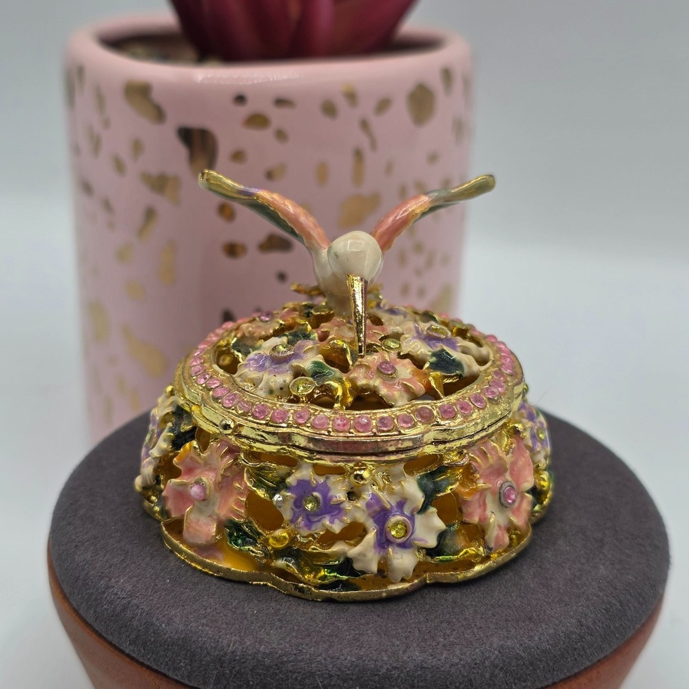 Hummingbird Trinket Box Enamel Jeweled Decorative Keepsake Storage Holder